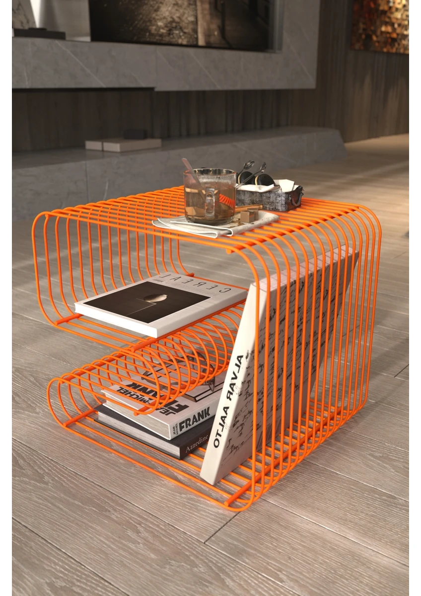 Turuncu Tel Metal Tasarımlı Modern Paslanmaz Yan Sehpa, Dekoratif Metal Sehpa